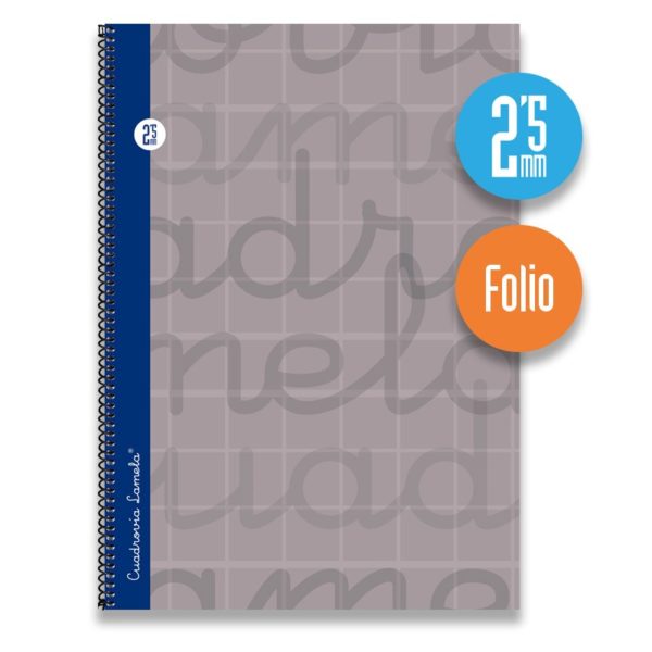 Cuaderno espiral FOLIO 80 hojas. Cubierta extra dura GRIS. Cuadrovía 2,5mm.