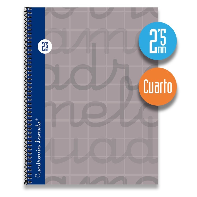 Cuaderno Espiral Cuarto 80 Hojas. Cubierta Extra Dura GRIS . Cuadrovía 2,5mm.